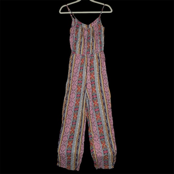 Pink Rose Pants - Pink Rose Vintage Jumpsuit Small S Boho Medallion Stripe Rayon Festival Wide Leg
